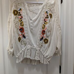 Free People Cream Boho Peasant Top with Multicolor Floral Embroidery